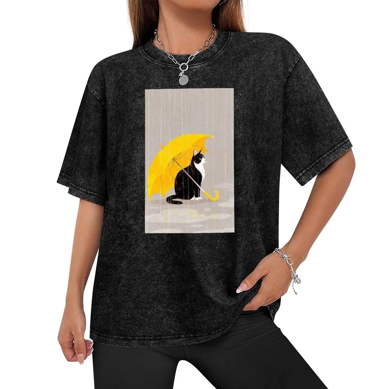 Black and White cat in the rain with a yellow umbrella T-Shirt quick drying tops mens graphic t-shirts anime