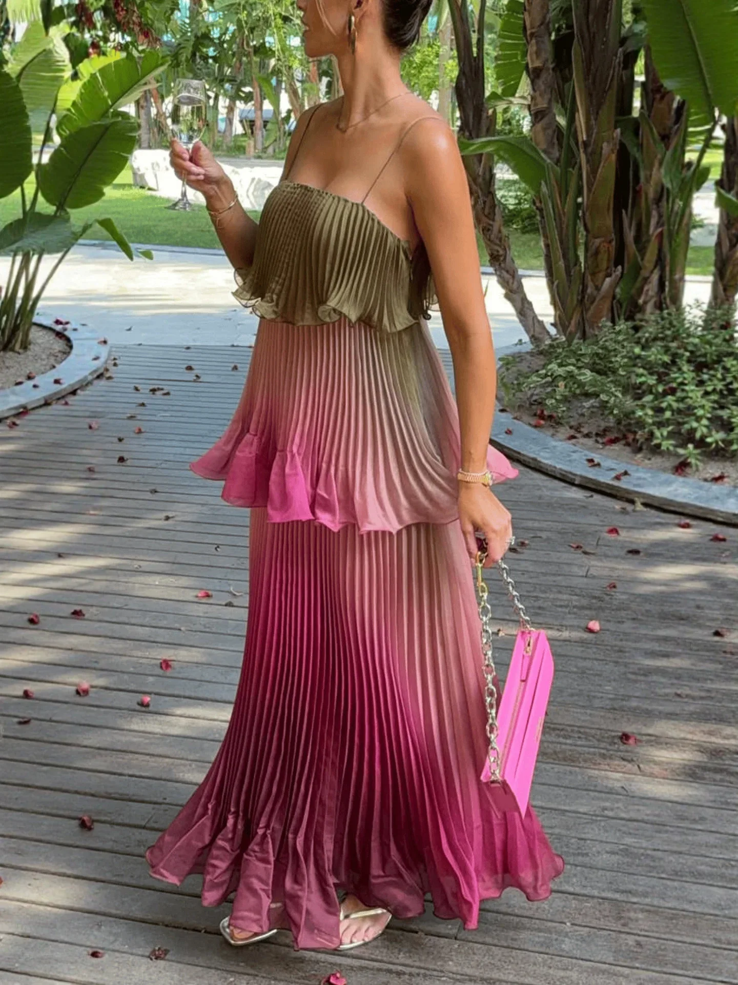Chic Multicolored Pleated Women Maxi Dress Elegant Spaghetti Strap Ruffle Tiered Flowy Vestidos 2026 Summer Lady Vacation Outfit