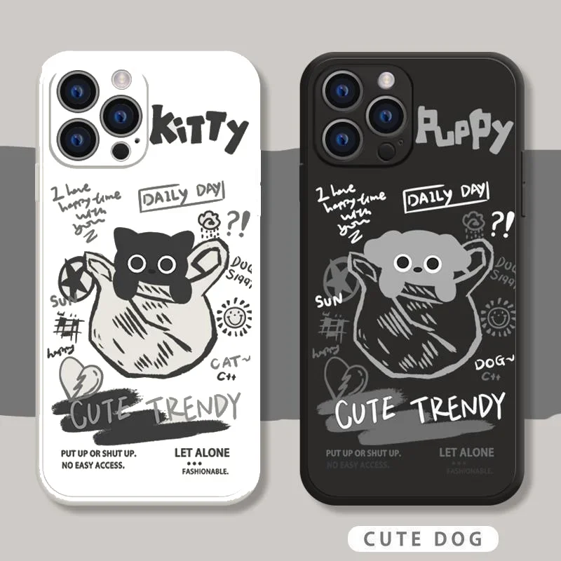 Casing ponsel pasangan kucing anjing, untuk Iphone 15 14 13 12 11 Pro Max Mini X XR 7 8 SE Plus SE sampul anak anjing hewan karton lucu lucu