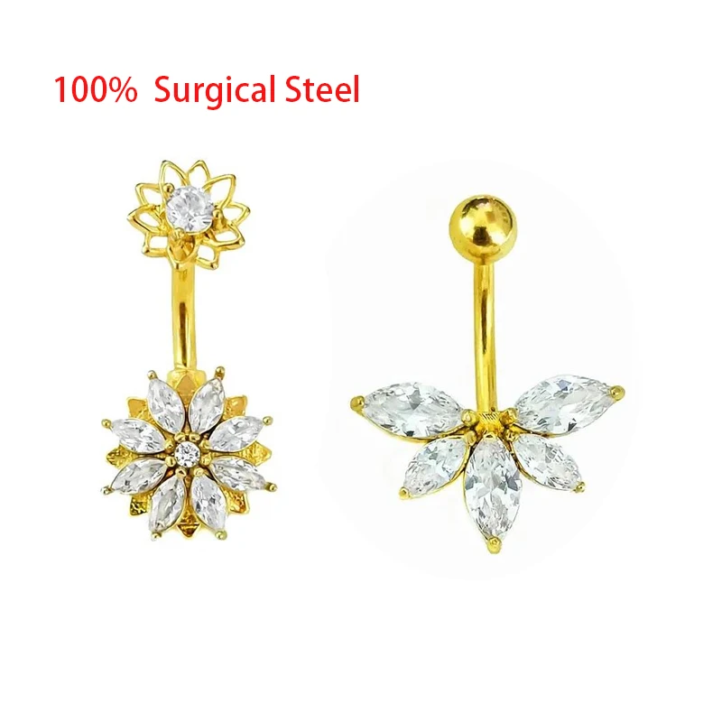 100% Stainless Steel Flower Bellly Button Ring Bulk Heart Navel Piercing Set Body Piercing Nombril LotCrystal Belly Piercing