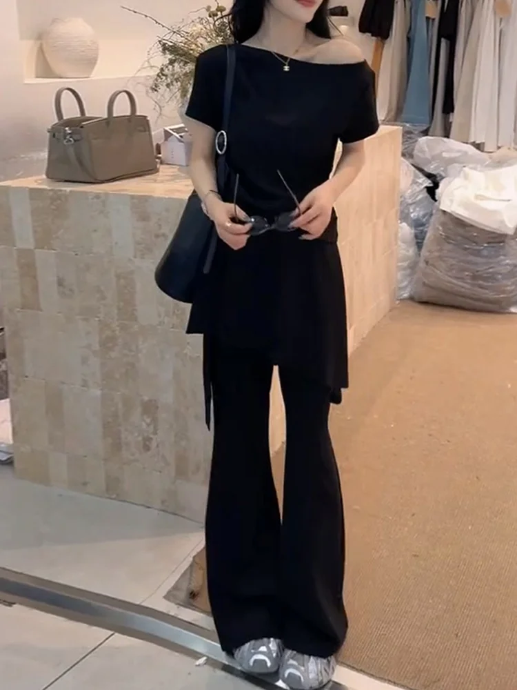 Slimming Effect Women's Summer 2026 Korean Style Black Short Sleeve Shoulder Bared Top And High Waist Long Pants Two Piece Set