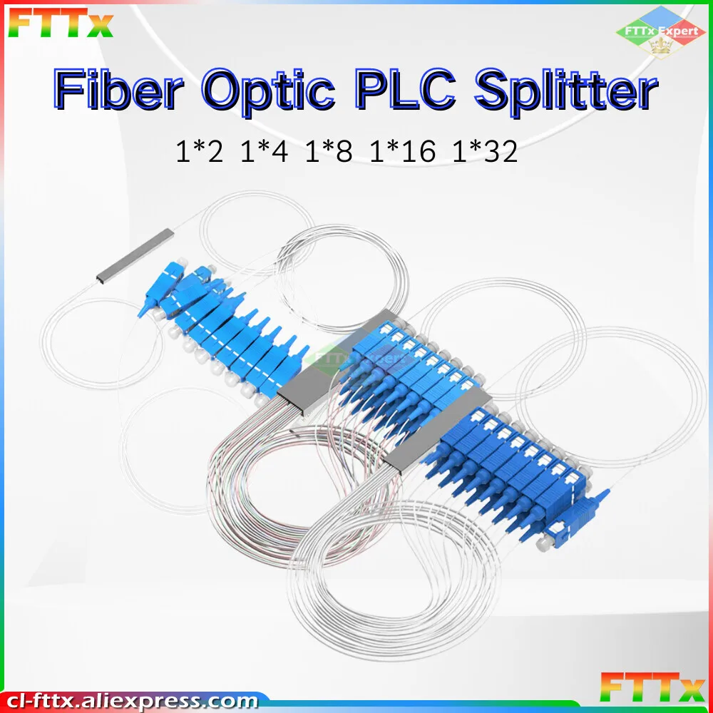 PLC Splitter 5pcs 1X2 1X4 1X8 1X16 1X32  SC UPC SM 0.9mm G657A1 PVC 1m FTTH Fiber Optic Connector APC/UPC Free Shipping