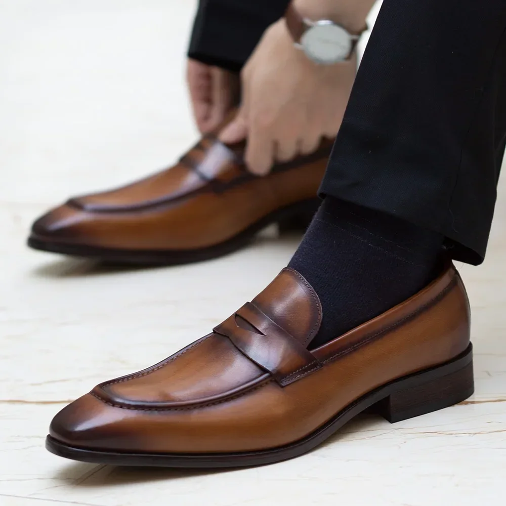 Luxury Big Size Men's Genuine Leather Penny Loafers Handmade Calfskin Slip-On Party Wedding Dress Business Formal Shoes