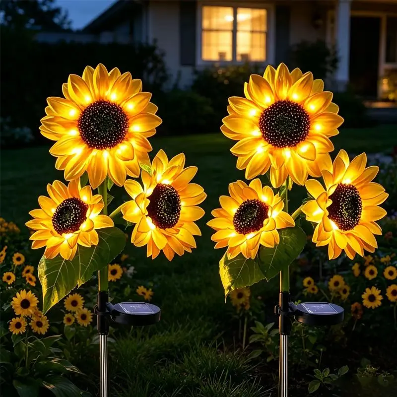 2 Pack Solar Sunflower Outdoor Lights, Outdoor Solar Garden Stake Lights,800mmAh Real Looking Stake Flower, Easy Install (No Remote),Upgraded LED Solar Powered Light with 3 Sunflower, IP65Waterproof Solar Decorative Lights for Garden, Patio, Backyard