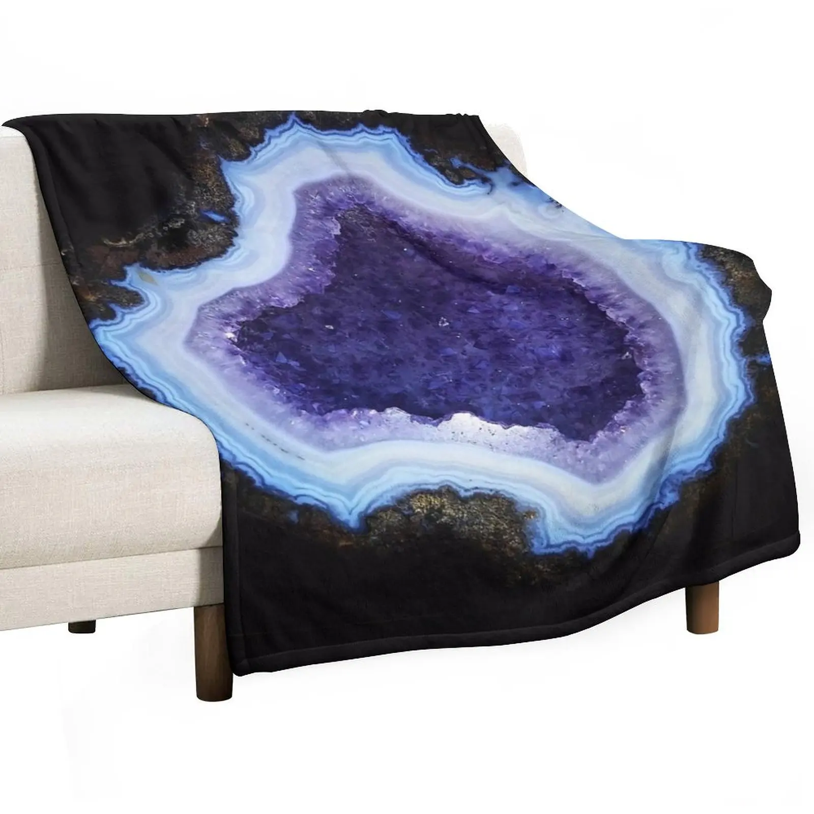 

Geode Agathe Amethyst purple and light blue magic mineral rock slice in half with pastel purple and violet crystal Throw Blanket