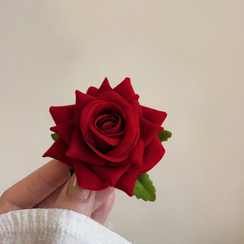 Rose Flower Classy Elegant Fashionable Hairpin Women Bridal Wedding Flocking Cloth Red Rose Flower Hair Clip Beach Headdress