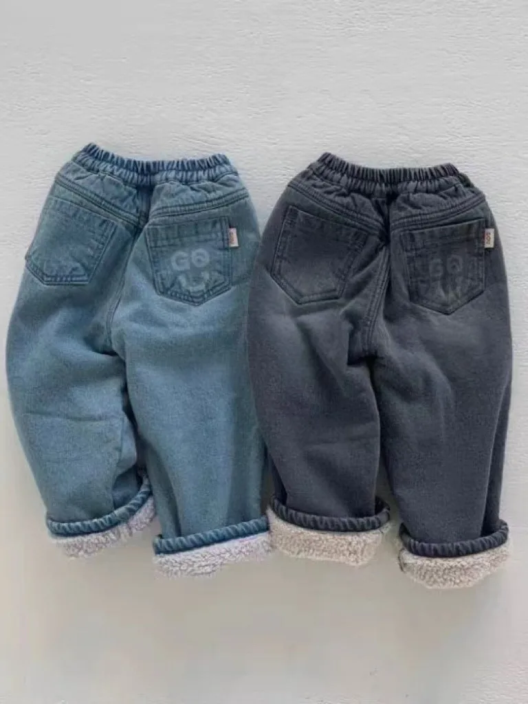 2024 Winter New Baby Plus Velvet Thick Denim Pants Solid Kids Boys Warm Pants Infant Girl Fleece Trousers Toddler Clothes