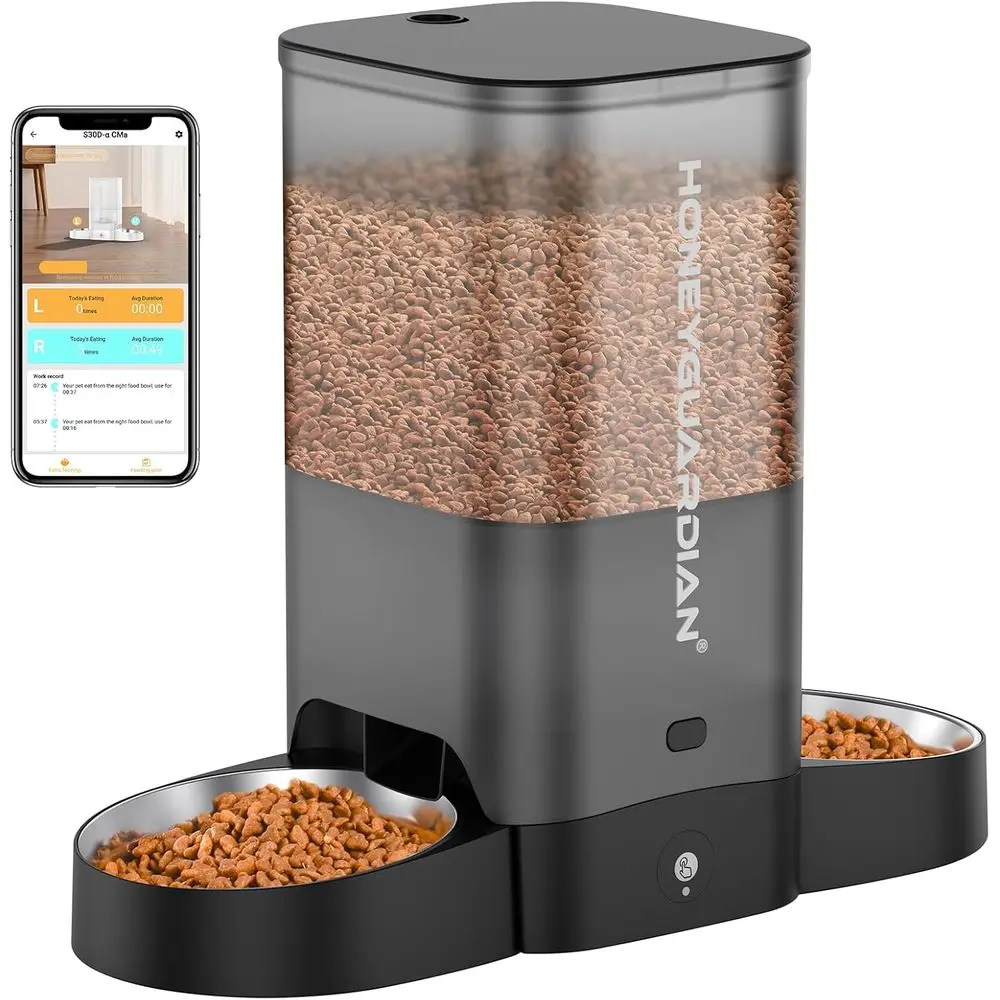 

5L Automatic Pet Feeder for Two Cats, Stainless Steel Bowl, App-Controlled, Dual Power, Desiccant Bag, 10 Meal Portion Control