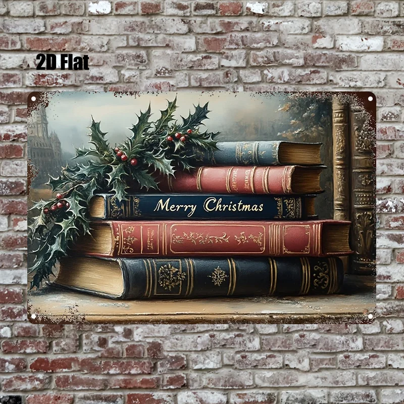 2D Flat, 1pc, Metal Sign, Christmas-Themed Retro Book And Holly Leaf Combination Tin Painting Decoration, Suitable for Home, Far