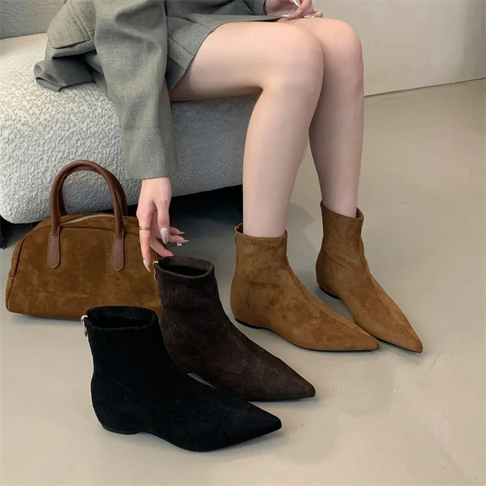 Mulher botas planas sapatos de ponta botas-calçado de inverno feminino baixo pontudo senhoras de borracha outono 2024 tornozelo equitação rendas dedo do pé apontado