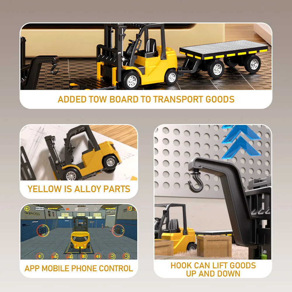 1:64 Bluetooth Afstandsbediening Kraan En Heftruck Twee-in-een Desktop Mini Legering Speelgoed Auto Met Trailer Kerstcadeau In Kleur Doos