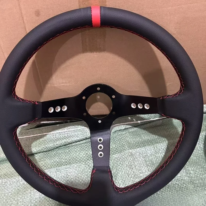 For Universal Car 14 Inch Racing Steering Wheel Shallow Dish Genuine Leather Suede Black Red Frame Steering Wheel With Steering