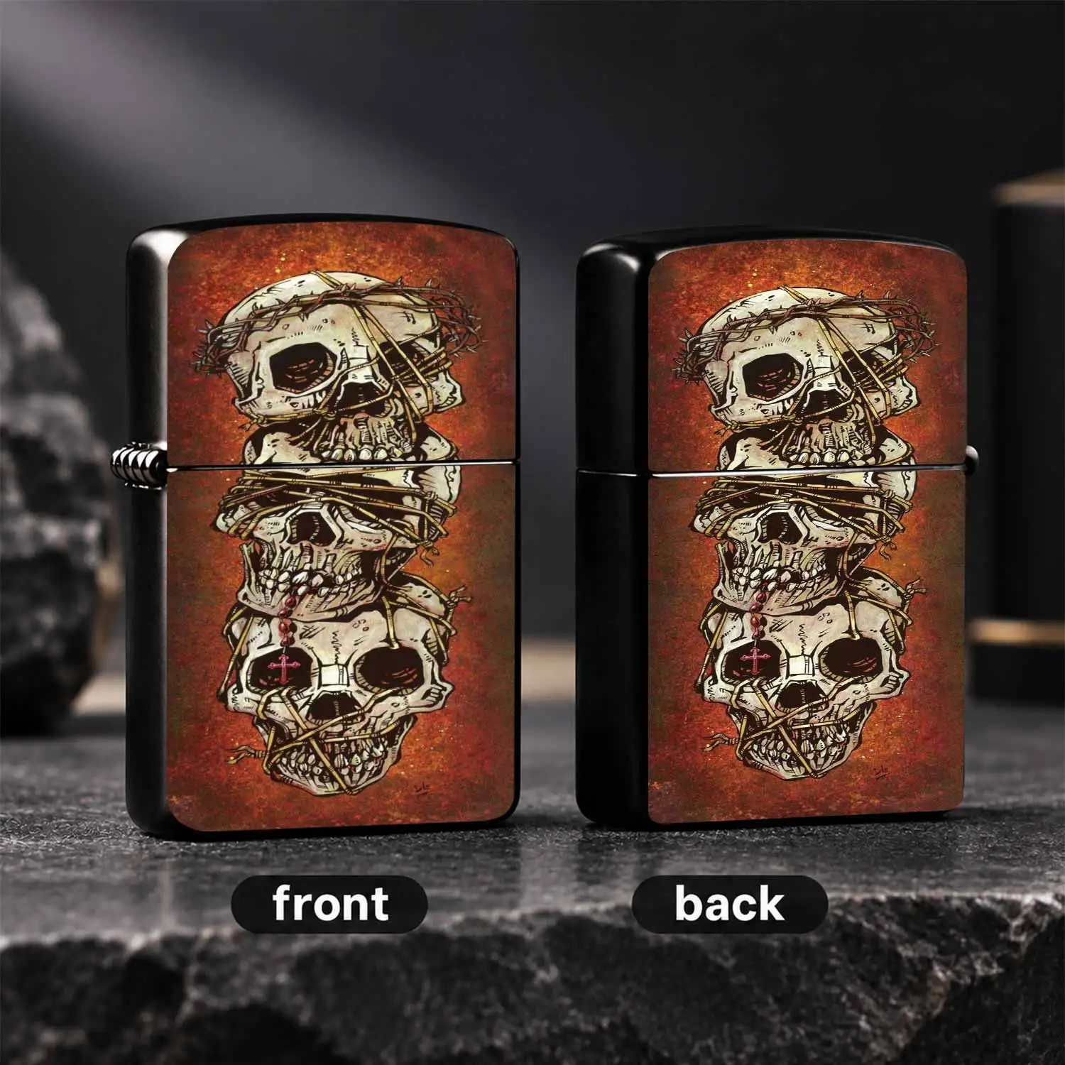 Dark Gothic Style Stacked Skulls Wrapped In Thorns Art Decor Lighter, Unique Edgy Aesthetic Ornament For Daily Use, Versatile For All Scenarios, Eye-Catching Creative Patterned Carry Item, Ideal For Personal Collection And Gifting To Show D