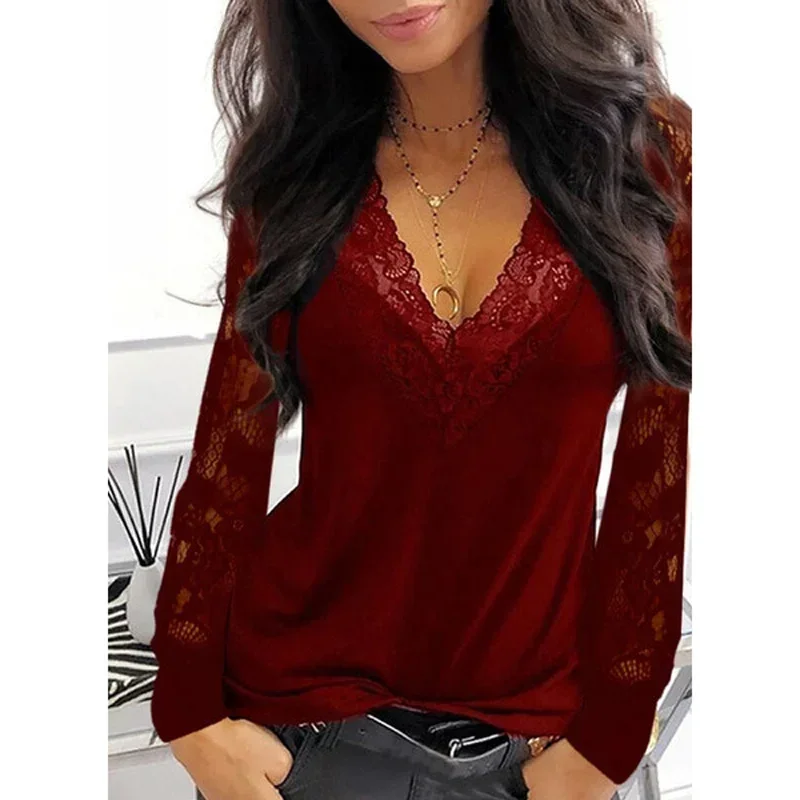 

Spring Autumn New Ladies Sexy Fashion Lace Stitching Hollow Shirt White Black V-Neck Women T-Shirt