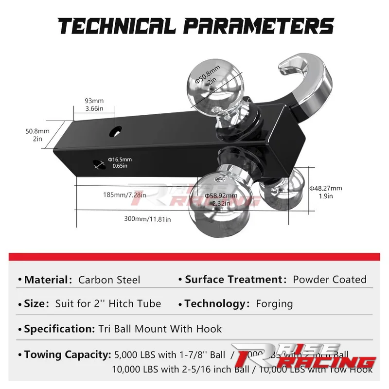 3 Ball Trailer Hook Hitch Towing Solid Hitch Tri-Ball Ball Hitch Mount With Hook