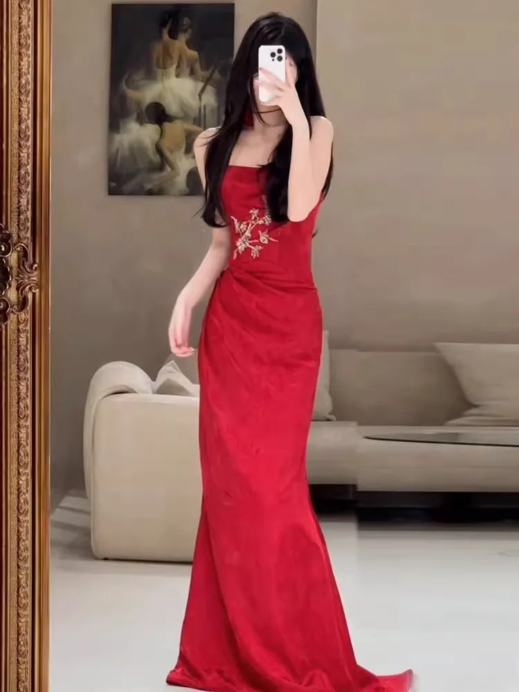 

Ele Red Chinese Sle Wedding Dr for Engagement Parties Bridal Gown Sexy Embroidered Mid-Waist Long Evening Gown