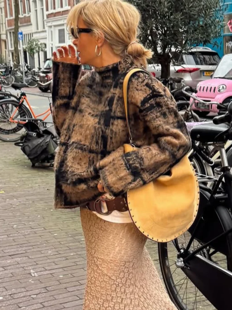 Pullover lavorati a maglia a collo alto scozzese da donna Chic manica lunga maglione corto caldo allentato Lady Autunno Inverno Pendolarismo Maglieria da strada