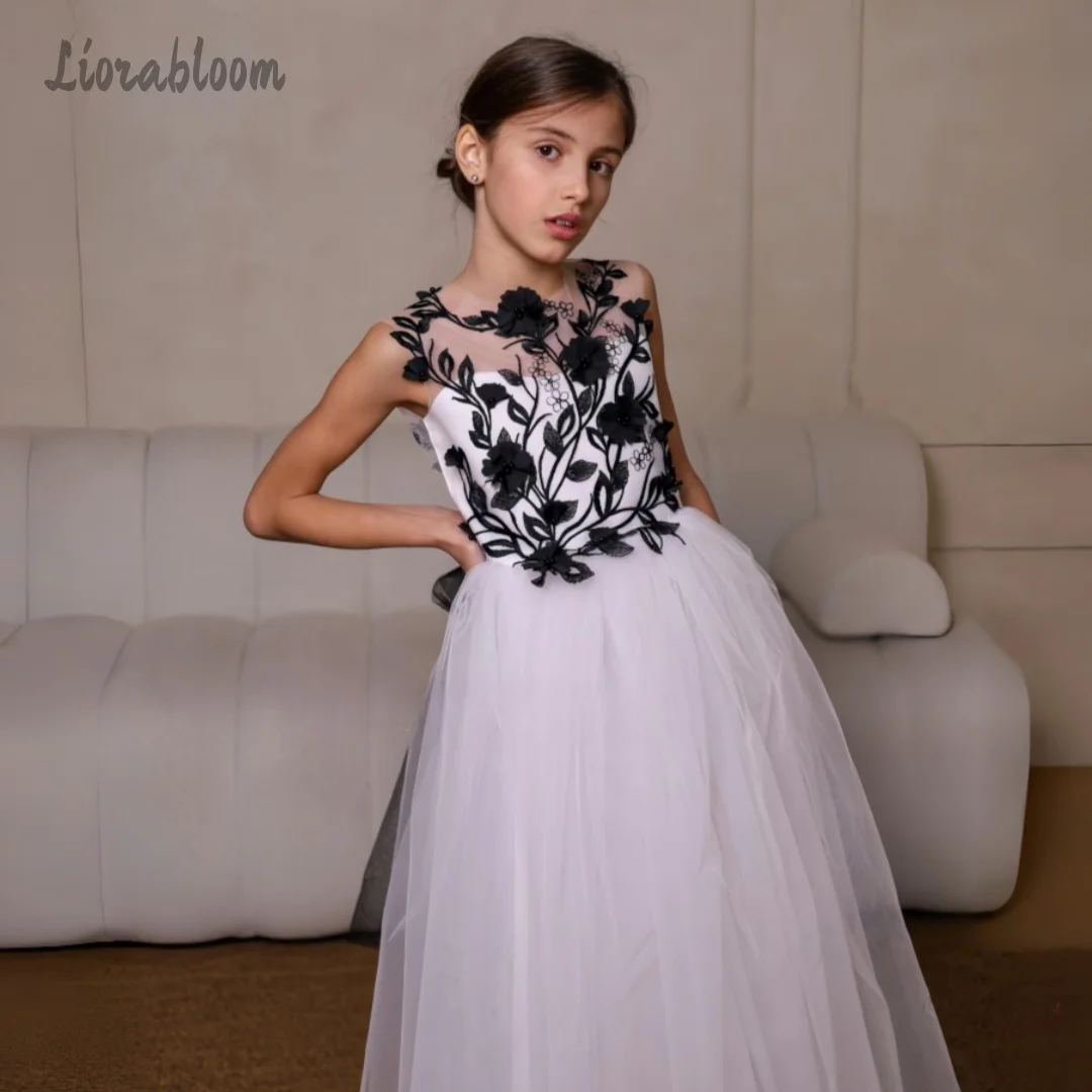 Girls' Black and White Contrast Wedding Dress Custom Flower Girl Gown Embroidered Tulle WeddingDress  свадебное платье
