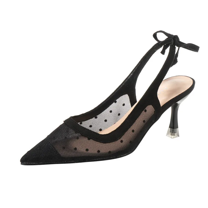 32-43 Pointed Toe 7cm High Heels Bow Mesh Back Empty Strap Women Sandals Wedding Dress Shoes
