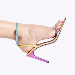 Colorful Striped Stiletto Sandals Women Orange Red Striped with Heels Pointed Open Graffiti Rainbow Pump Casual Dress Jelly Shoe