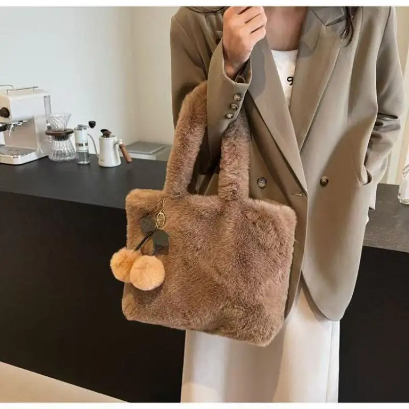 

A Plush Women's Crossbody Bag, Fashionable Orange Element Shoulder Bag, Large Capacity, Multifunctional Folding Storage Bag