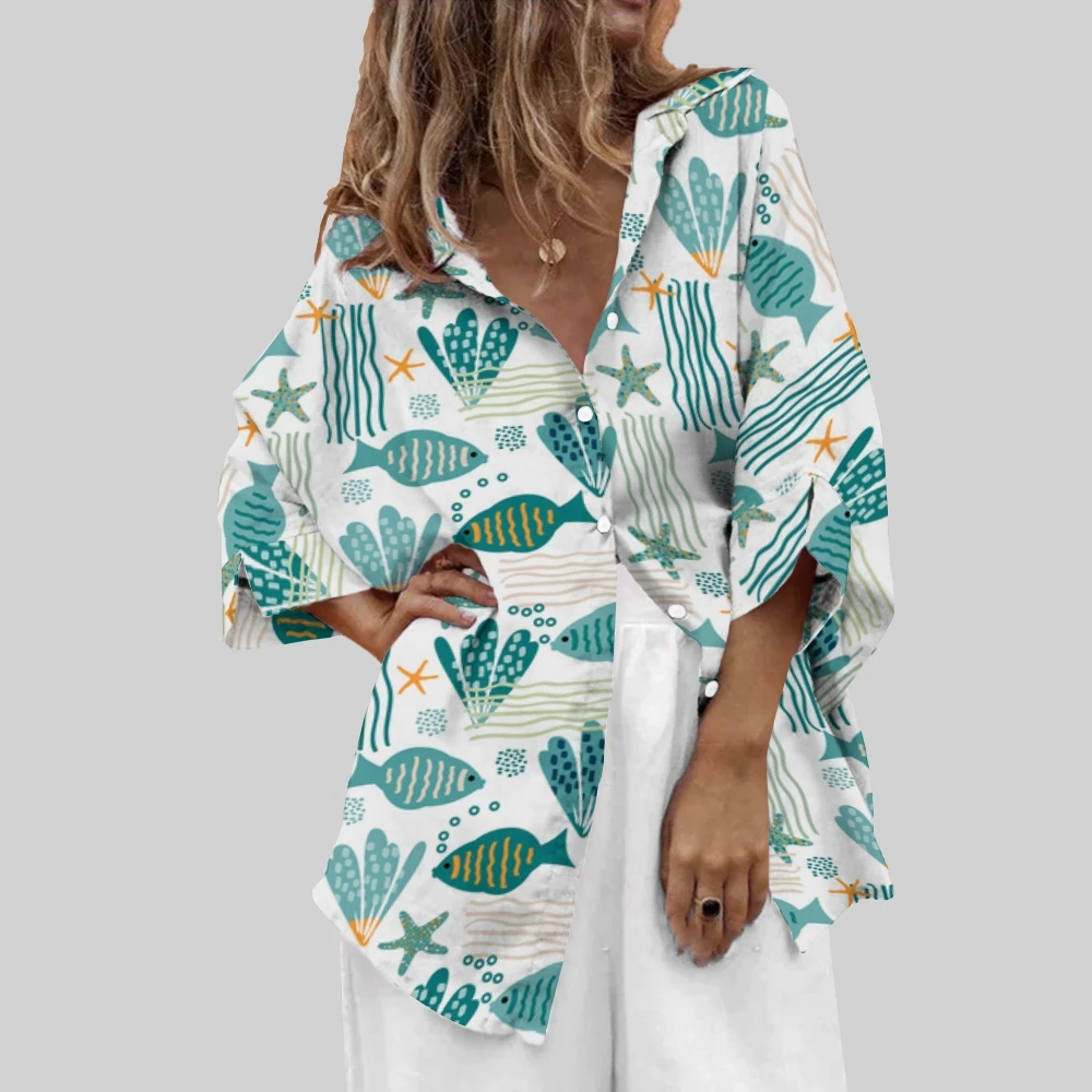 Fashion Ocean Sardines Print Ladies Shirt Casual Long Sleeve Lapel Beachwear Cotton Bohemian Party Holiday Tops New