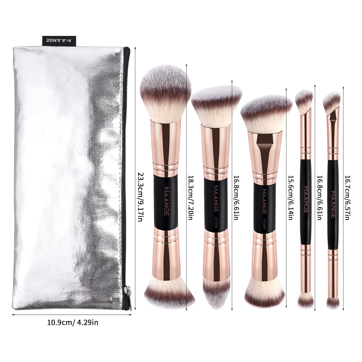 MAANGE 5 قطع فرش مكياج مزدوجة الرأس مع حقيبة تخزين متعددة الوظائف كريم الأساس المخفي السائل كريم مزج أدوات التجميل