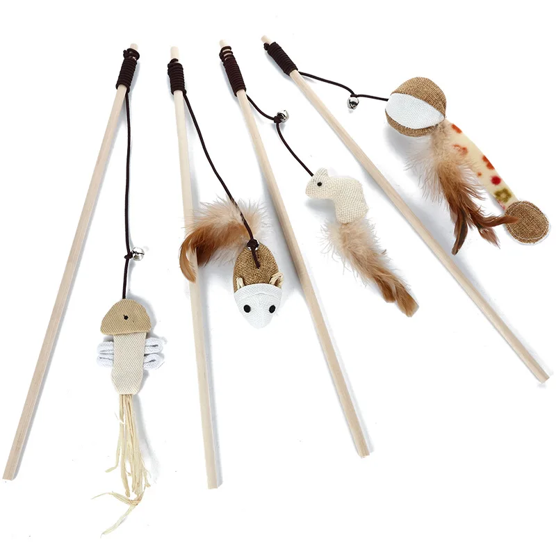 Pet cat teaser stick with wooden rod, feathers, and bell; interactive cat toy with wooden rod and mouse; cat toy