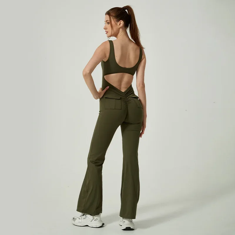 @Conjunto feminino de ioga de cintura alta – calças de ginástica com pernas largas e bolsos, roupas esportivas para levantamento de bumbum |   Respirável e confortável