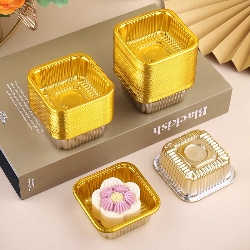 100pcs Square Moon Cake Trays Mooncake Packaging Box Without Cover Food Container Holder Gold Plastic Cake Box for Cookie