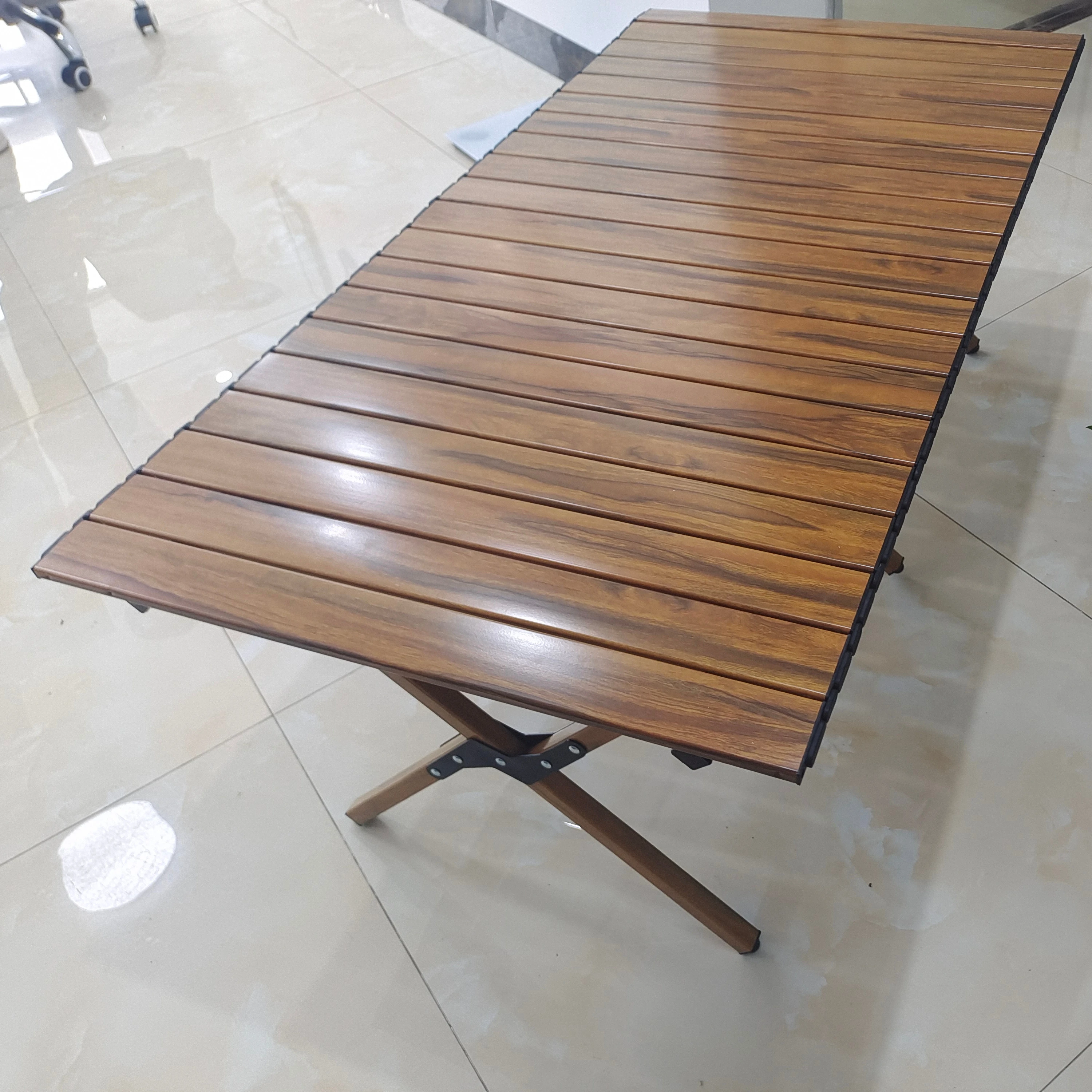 

Easy Carrying Portable Farmhouse Camping Picnic Foldable Wood Grain Color Aluminum Alloy Outdoor Dining Table