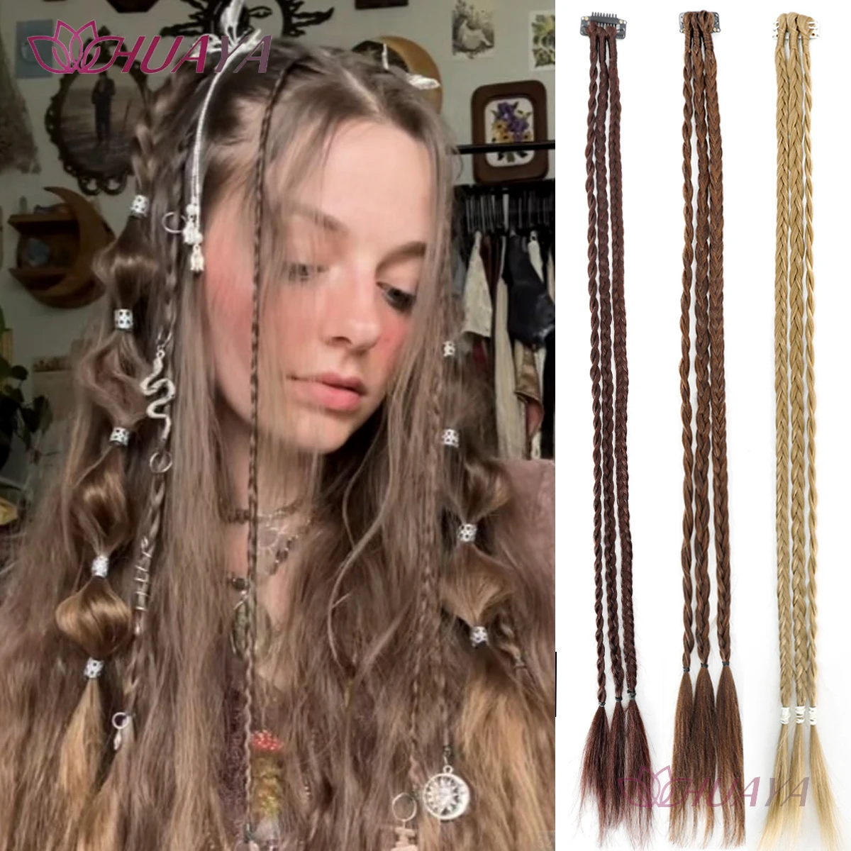 HUAYA Front Braids Clip in Hairstyle With 3 Braids On Each Clip A Total Of 22 Inch Long Natural Soft Synthetic Hairpieces for Gi