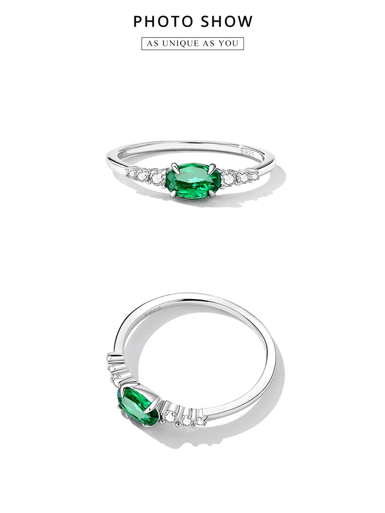 BAMOER 925 Sterling Silver Oval Gemstone Ring for Women Green Pink Zirconium Prongs Setting Ring Wedding Bridal Jewelry Gift