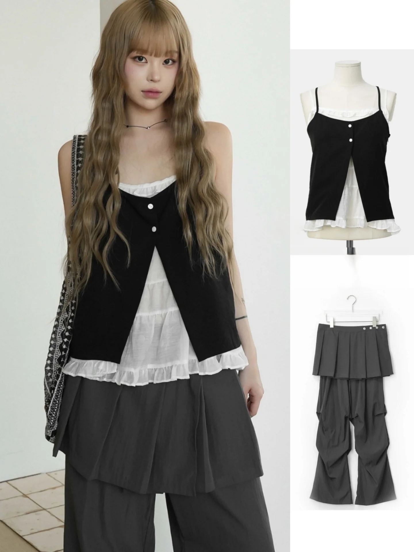 

Летняя повседневная тюлевая отделка, искусственная двухсекционная плиссированная юбка с высокой талией, брюки с высокой талией на молнии, свободная посадка для женщин