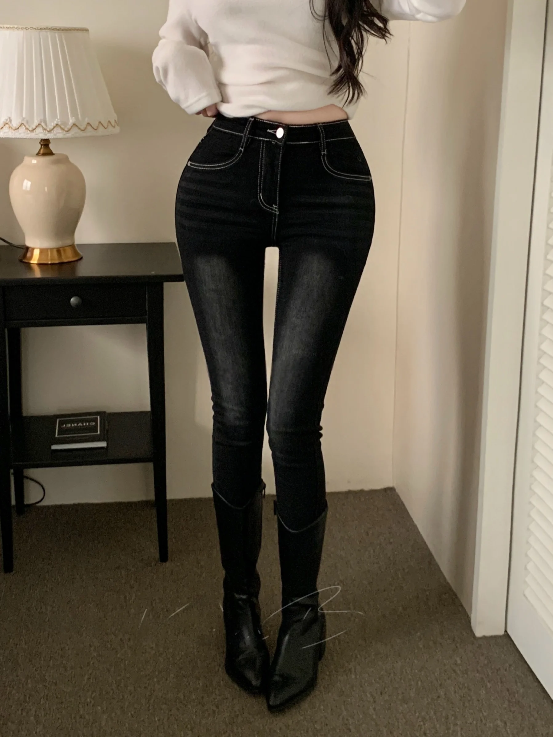 

High Waist Slim Fit Stretchy Bootcut Jeans Women's Sle Casual Bla ey Cotton Stretch Denim Pants Winter Season Ladies