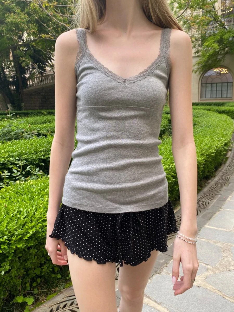 Gray Lace Trim Slim Tank Top W - Cami Top Lace recension och pris