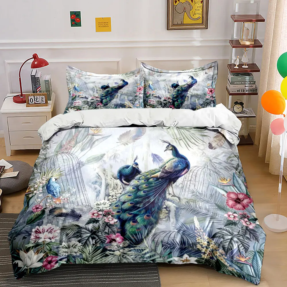 Watercolor Tropical Peacock Bird Cage Palm Floral Bedding Set 3pcs,Exotic Jungle Peony Leaf Print 1 Duvet Cover And 2 Pillowcase