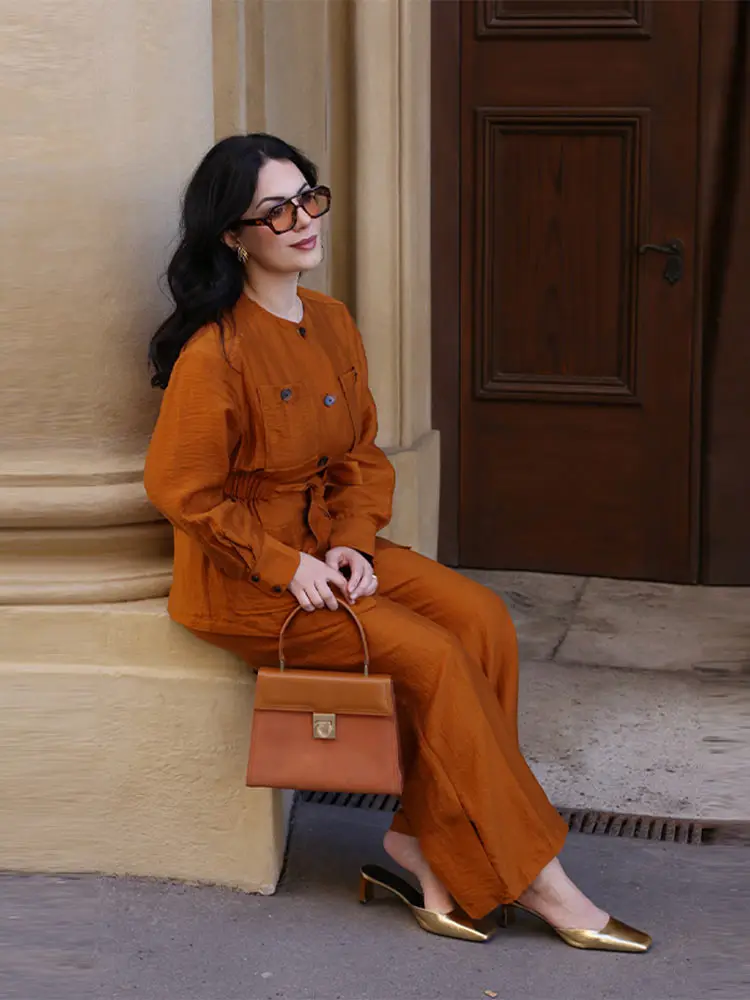O-Ausschnitt, Schnürung, Multi-Pocket-Cargo-Mäntel, Hosenanzüge, Damen, sportlich, langärmlig, einreihig, schmale Oberteile, Hosen mit weitem Bein, Outfits – Detail 9