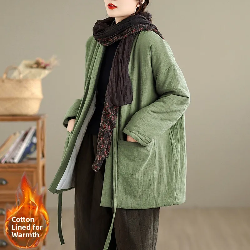 

Thiened Cotton Linen New Chinese Sle Winter Jaet Original Zen Inspired Mid-Length Cotton Coat Loose Fit Long Sve