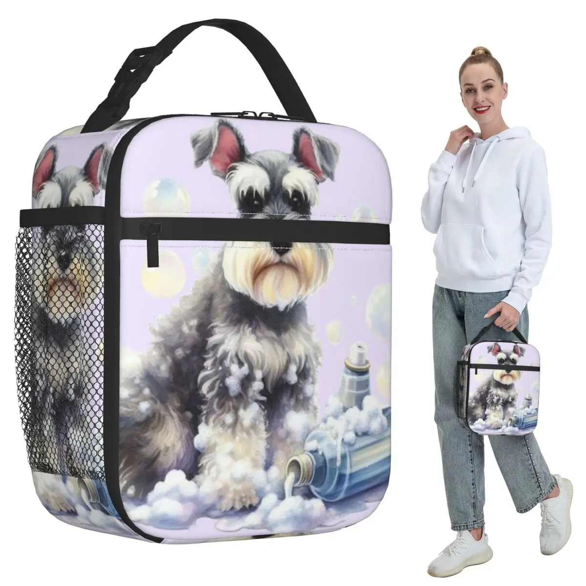 Miniature Schnauzer Bath With Bubbles Insulated Lunch Bag Office Cooler Thermal Food Box Tote Portable Lunch Boxes Container