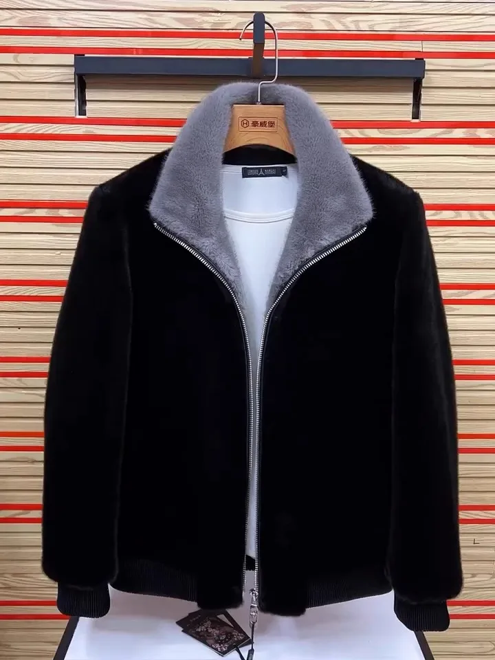 

Men's Winter Thiened Warm Fur Jaet Stand Collar New Arrival High Quali Busin Versatile Long Sve Zipper Closure Coat