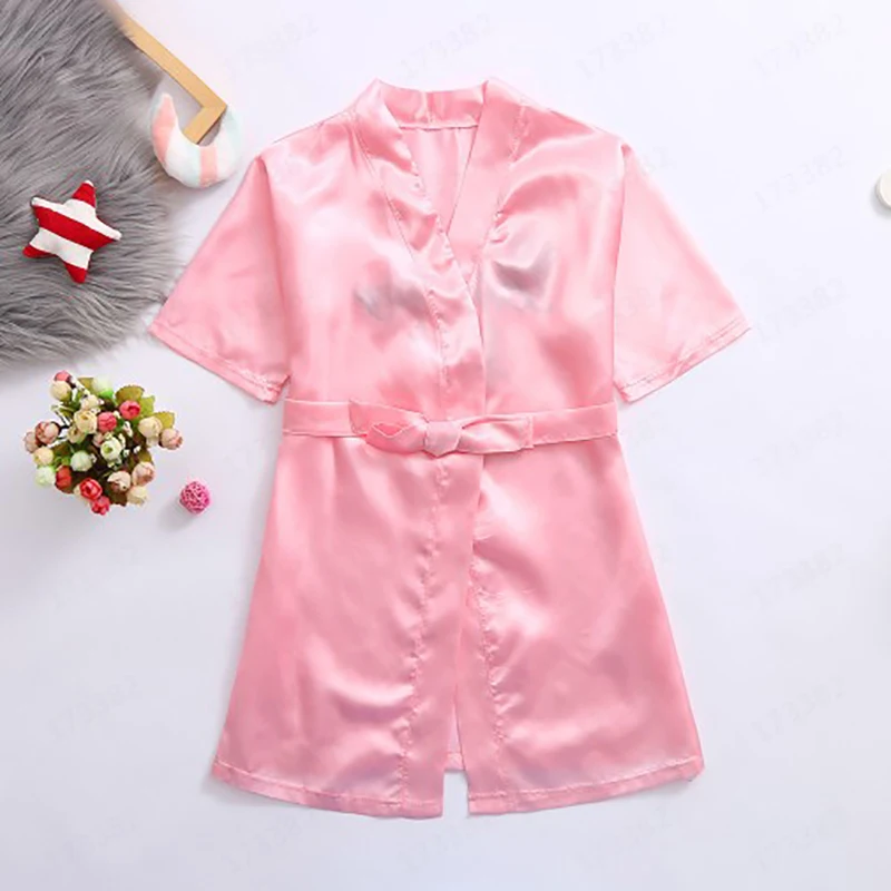 Summer Girls Sleepwear Pink Silk Robe Robes Kids Kimono Bath Towel Robe Wedding Spa Party Birthday Children\'s Clothes 1-5Y