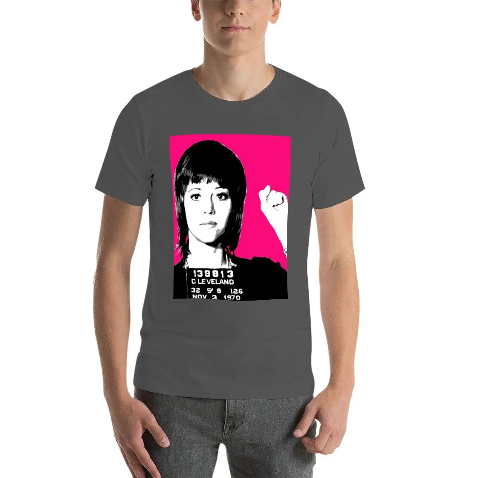 Jane Fonda Mug Shot - Pink T-Shirt t shirts for man cotton soft man graphic t shirt t shirts for man pack cotton T-Shirt #4