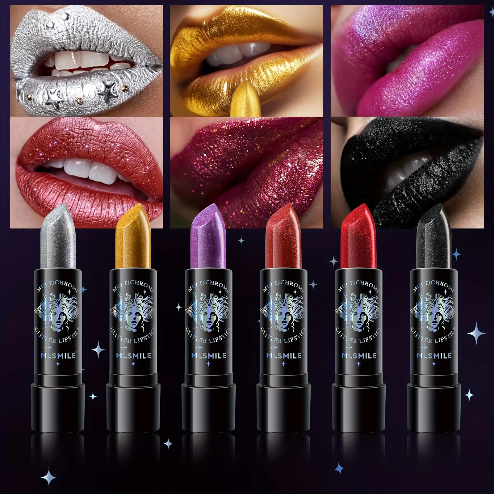 6-Color Shiny Glitter Diamond Lipstick, Highly Pigmented Metallic Finish Lip Makeup ,  Sparkling Shimmer Long Lasting Waterproof