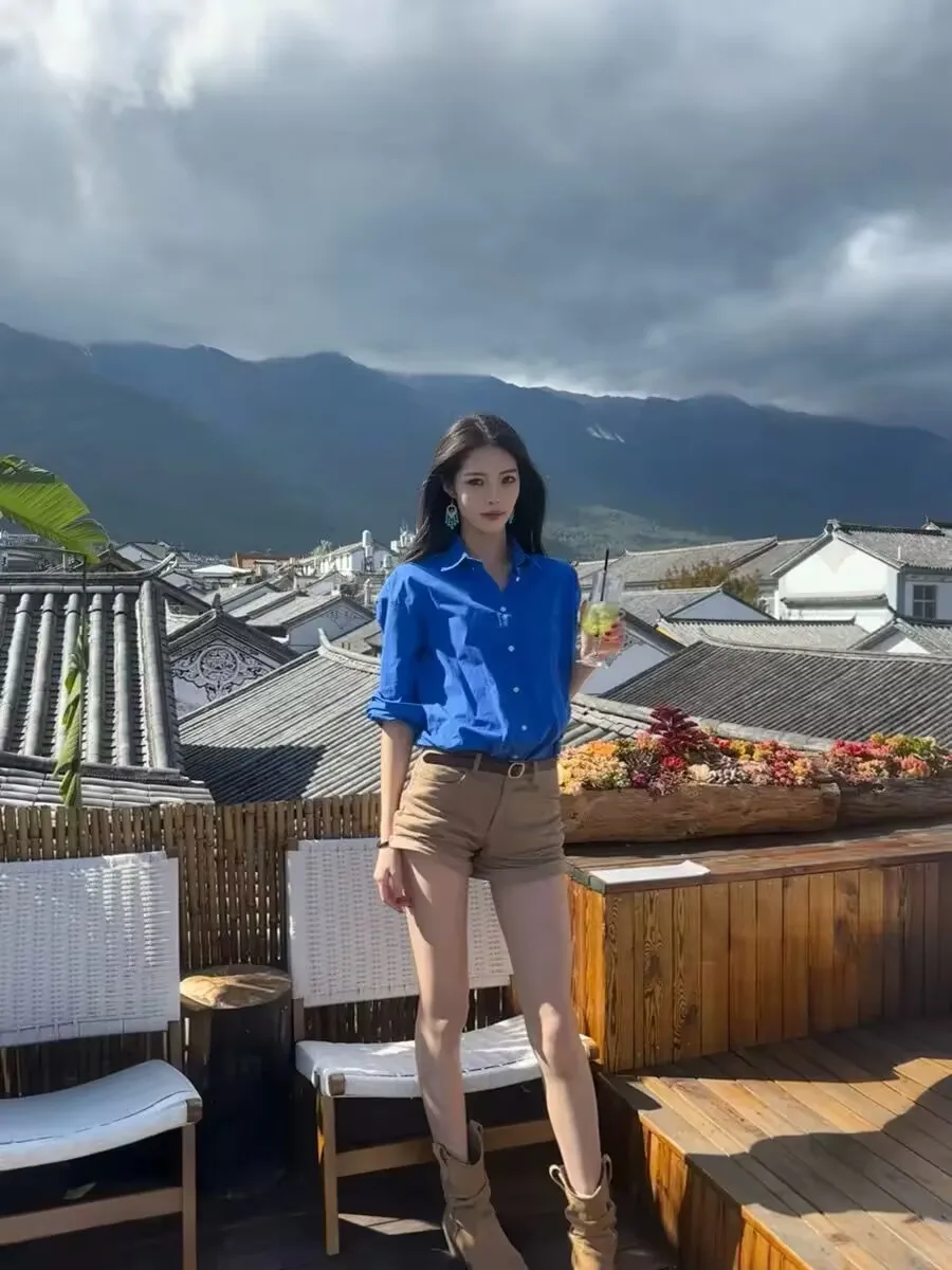 카키 데님 여성용 하이웨이스트 슬림핏 여름 신상 핫팬츠 스트레이트 레그 트렌디 진 캐주얼 팬츠