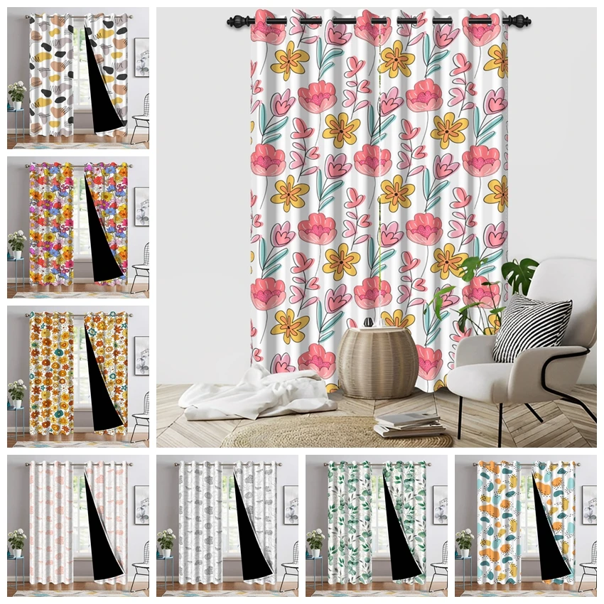 

2 шт./компл., полиэстеровая оконная занавеска с цветочным принтом, светлые цветные растения, зеленые листья, лепестки, декор для гостиной, спальни, затемняющая драпировка
