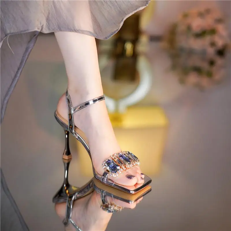 

2026 Silver Metallic Patent Leather Rhinestone Ankle Strap Square Toe High Heel Sandals Wedding Evening Cocktail Party Occasion