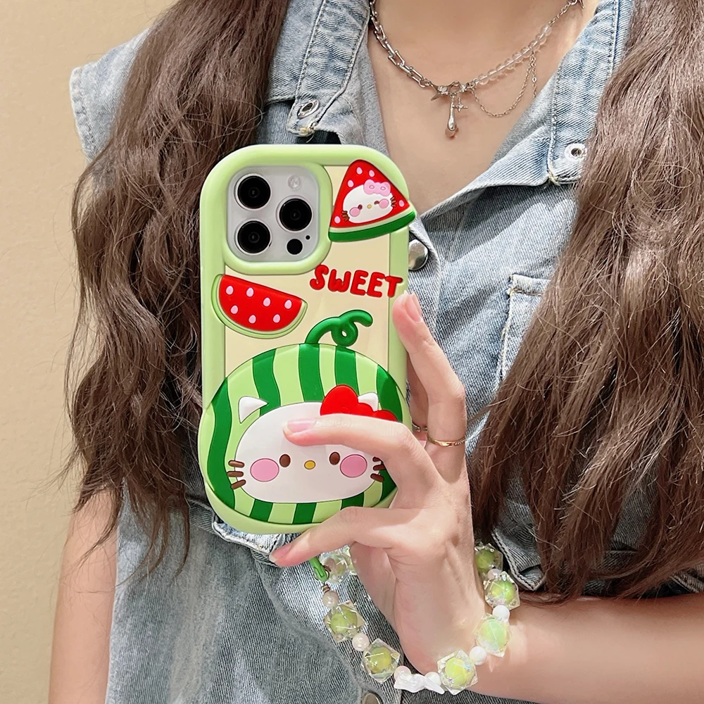 3D Cartoon Watermelon Hello Kitty With Lanyard Phone Case for IPhone 15 14 13 12 11 Pro Max Soft Silicone Back Cover Girl Gift