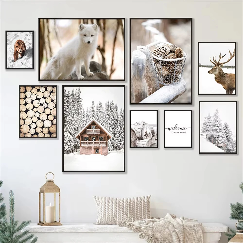 Winter Snow Tree House Wooden Pine Wall Art Oil Painting Fox Bear Elk Poster Leaf Prints Nordic Living Room Decoration Pictures