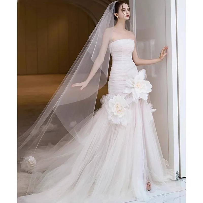 Customizable Classic Strapless Sleeveless Floral Lace Mermaid Ball Gown with Floor-Length Sweep Train Bridal Gowns